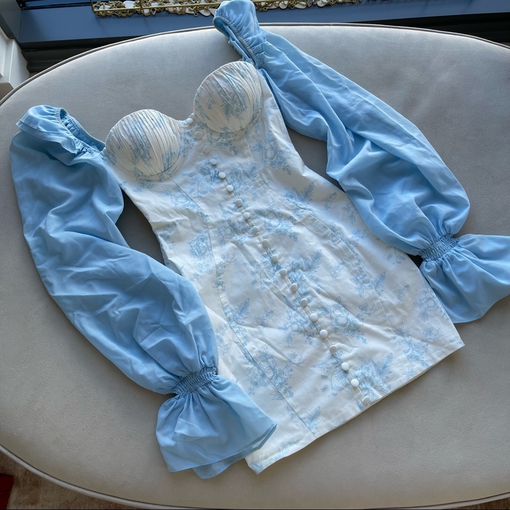 🙈 SOLD 🙈 NWOT Oh Polly floral long sleeve mini dress in pastel blue - Picture 7 of 13